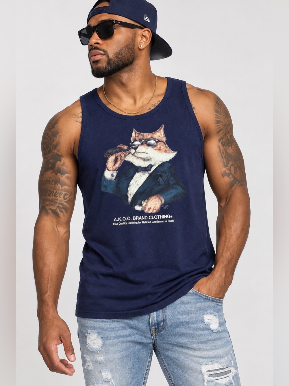 AKOO Brand Clothing Men’s Navy Graphic Tank Top Gentleman Fox Large